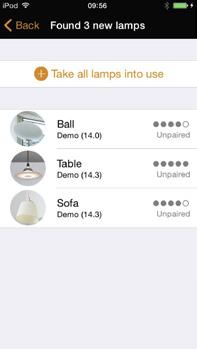 6 Tap on the Take all lamps into use 7 The app will automatically add all luminaires to one network and open the Lamps tab BASIC GESTURES: 1 To turn off or on your