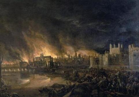Painting of the Great Fire-1666, The Old London Bridge is in the foreground. St. Paul s Cathedral is illuminated by the tallest flames.
