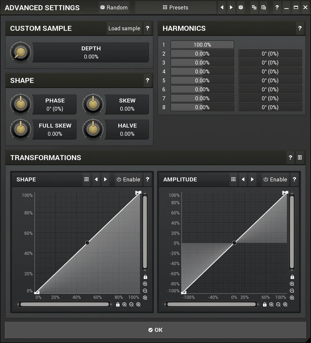 Random button Random button generates random settings using the existing presets. Presets button Presets button displays a window where you can load and manage available presets.