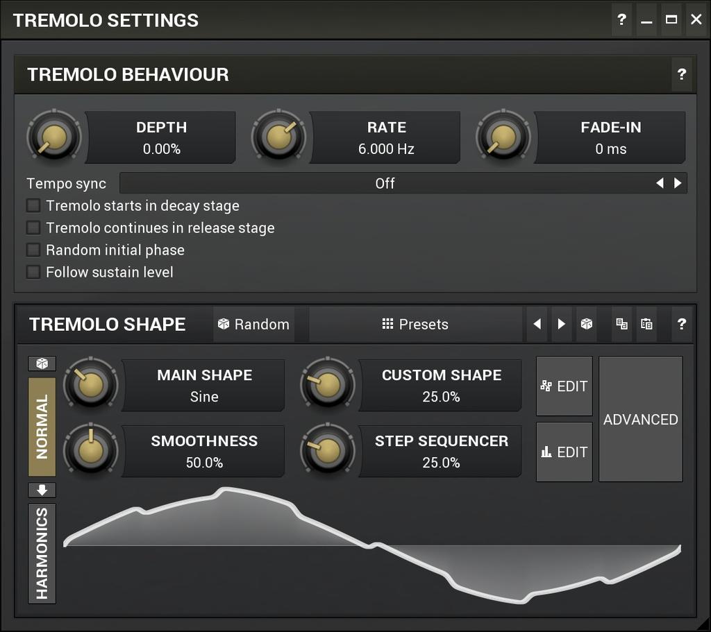 Settings button Settings button displays additional tremolo settings, containing