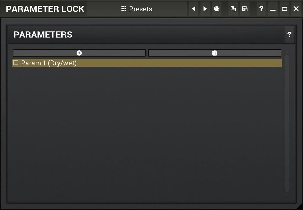 Parameter lock editor Lock provides a simple way to keep some parameters unchanged when using randomization or browsing presets.