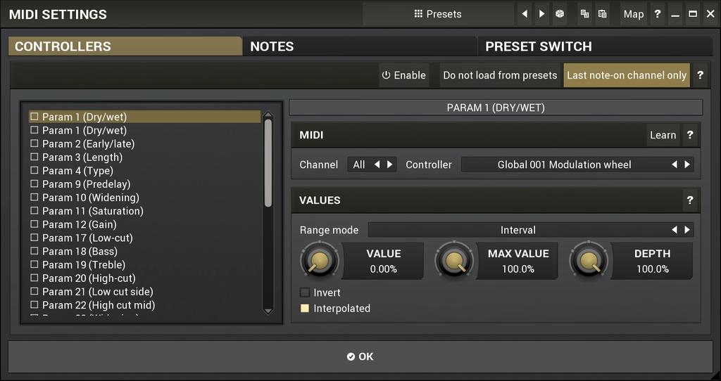 MIDI settings window lets you configure, how the plugin reacts to various MIDI messages.