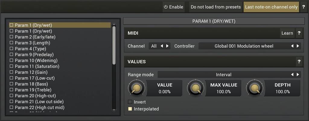 Controllers panel contains settings of MIDI controllers. Do not load from presets button Do not load from presets button disables loading the controllers from presets.
