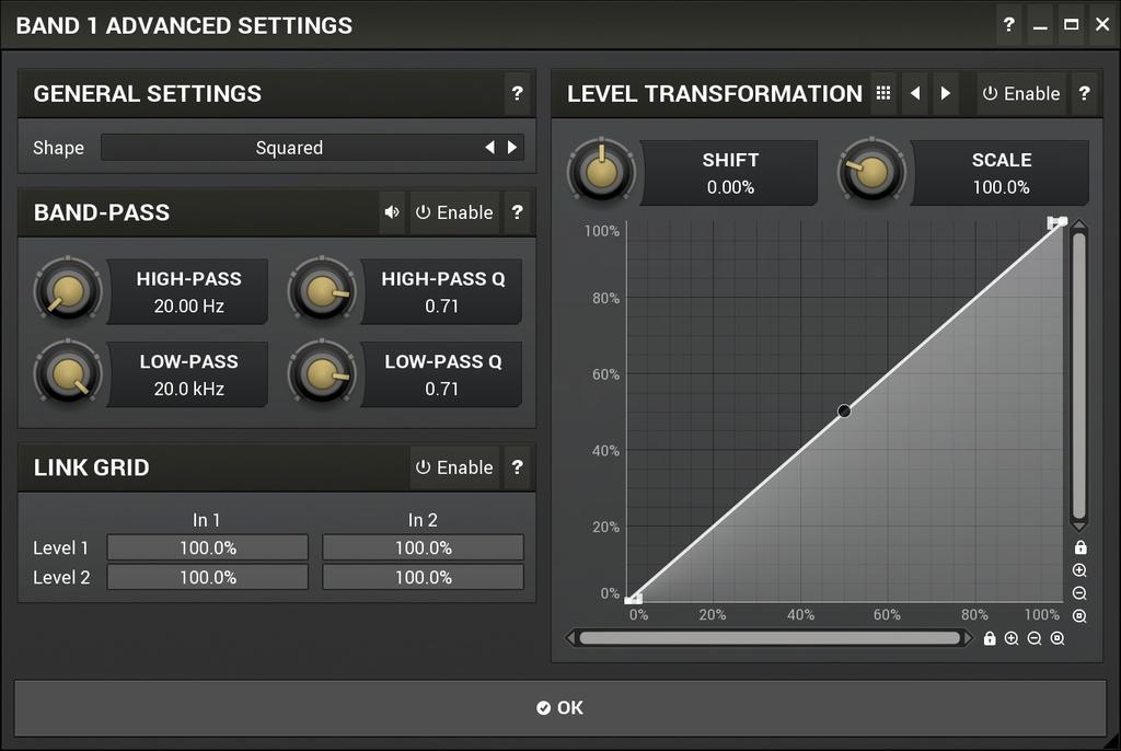 Band advanced settings contains additional settings for the band. These contain some more esoteric features, such as a dynamic transformation shape.