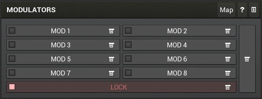 Map button Map button displays all current mappings of modulators, multiparameters and MIDI (whichever subsystems the plugin provides).
