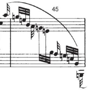 42, when the motive is reduced and repeated in the treble clef while the bass rises chromatically from Bb to Db (reinforcing yet again the flexible function of these pitches).