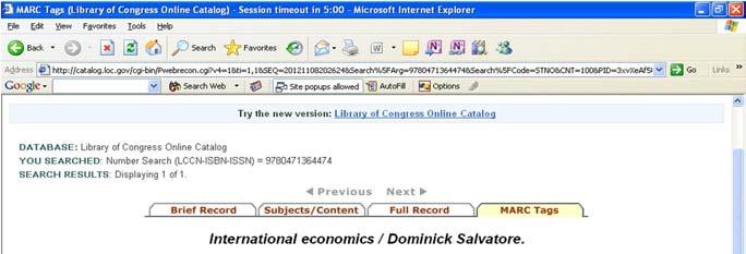 2.7.2 Copy Cataloguing Search for the title in Library of Congress Online