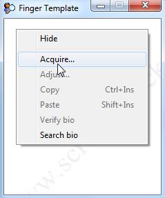 2. Acquire SC Biometrics Select the correct image type such as the Finger Template window for example, and right click with your mouse then click Acquire. The SC Biometric Plug-in will initialize.