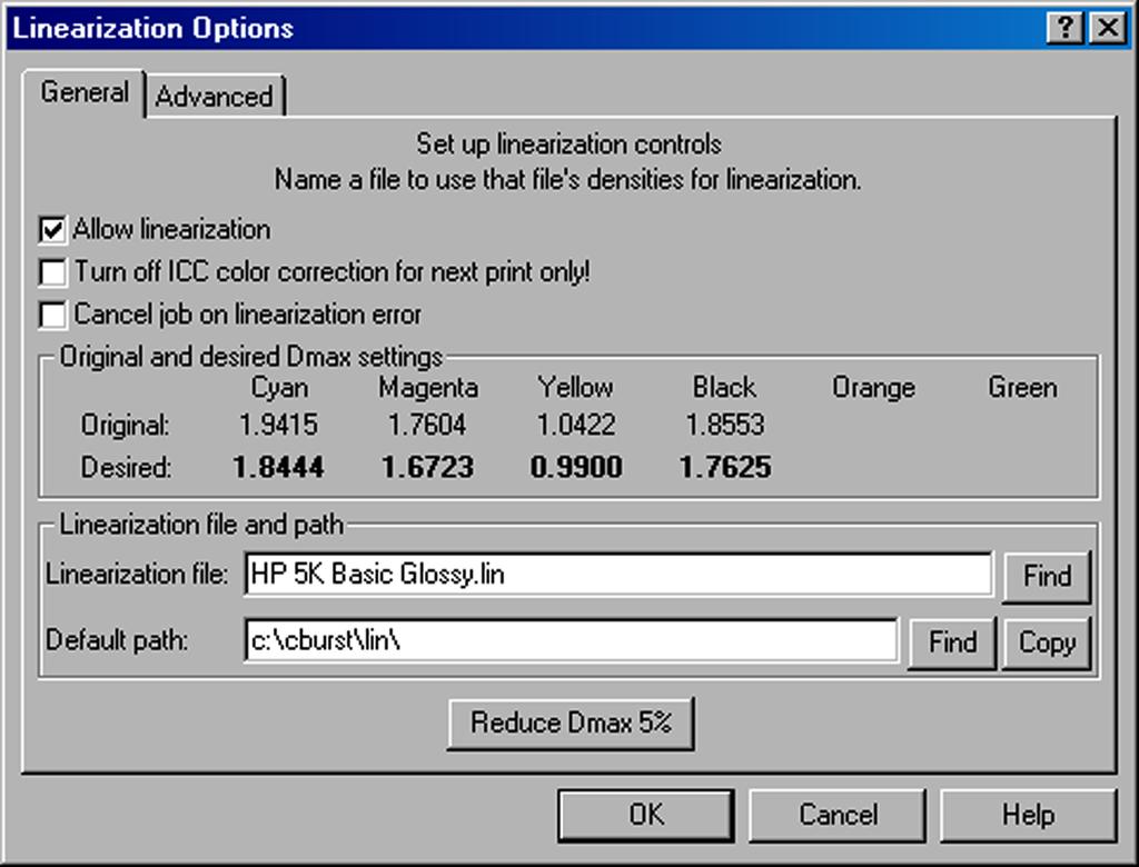 Step 7: Click the OPTIONS Menu in the ColorBurst RIP Select LINEARIZATION OPTIONS. Click on the ALLOW LINEARIZATION box. In the same window go to the LINEARIZATION FILE: space and click FIND.