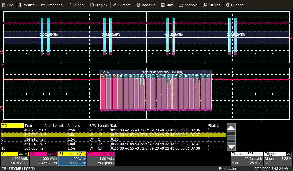 MULTI-INSTRUMENT CAPABILITIES Protocol Analysis with Serial Trigger and Decode Intuitive, color-coded overlay presented in binary, hex, or decimal