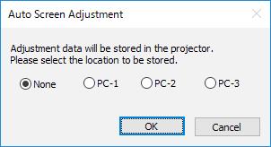 Auto Screen Adjustment Auto Screen Adjustment procedure 4 Click [Start]. To save the projector positioning information, click [Start].