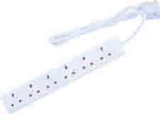white 9696R/13/2M/AS 6 gang anti-surge & anti-spike with green status neon and red power neons, round edge, each socket individually switched, 2M, white 9696R/13/2M/AS/TEL 6 gang anti-surge &