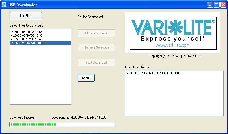 VARI LITE - VL1100CD ERS LUMINAIRE USER S MANUAL Lists specific versions of downloaded software (on PC) Click to download specific software version to connected luminaire(s) Device Connection Status
