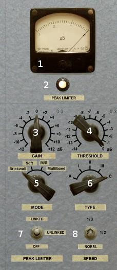3.6 Peak limiter 14 This module is an aggressive brickwall limiter with very fast attack time (about 0.13 ms) and very small lookahead (6 samples in 44.1 khz).