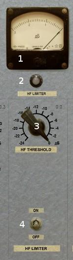 16 Pic 15. HF limiter module The numbered elements on the image are: 1. Signal gain reduction indicator. 2. HF limiter on indicator (GUI 1 only). 3. HF limiter threshold control knob. 4.