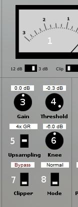 In GUI 2 in the same situation the orange border appears around Threshold control knob. 3. Input gain control knob. 4. Clipping threshold control knob. 5.