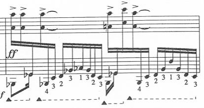 106 immediately shifts to a double vertical stroke on the downbeat of the second measure in the upper staff.