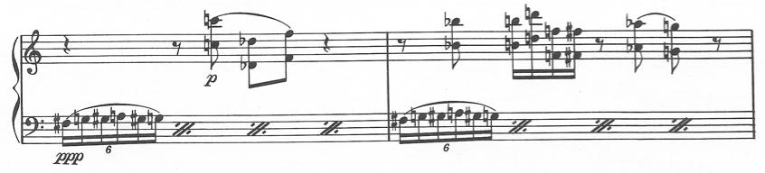134 Musical Example 13.3: Measures 5 & 6 from Raymond Helble s Sonata Brevis, I. 1978 Studio 4 Music by Marimba Productions Inc.