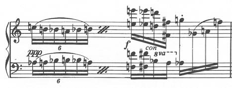 135 Musical Example 13.4: Measure 9 from Raymond Helble s Sonata Brevis, I. 1978 Studio 4 Music by Marimba Productions Inc.