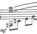A three-note grouping of single independent eighth-notes descend into a double vertical stroke with an interval of a fourth.