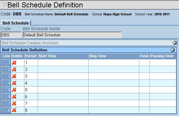 Click the Save button at the top of the screen. 5. The new schedule appears with a line for each period defined in the School Setup screen.