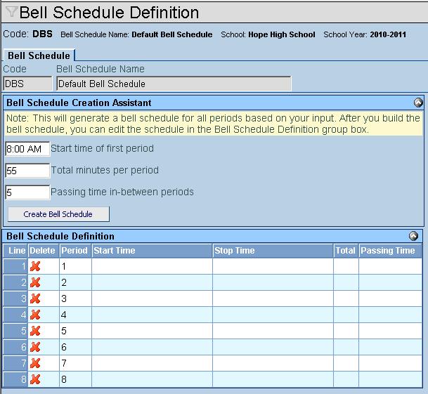 Chapter Two Attendance Administrator Guide 6. Enter the time of the first bell in the Start Time of First Period box.