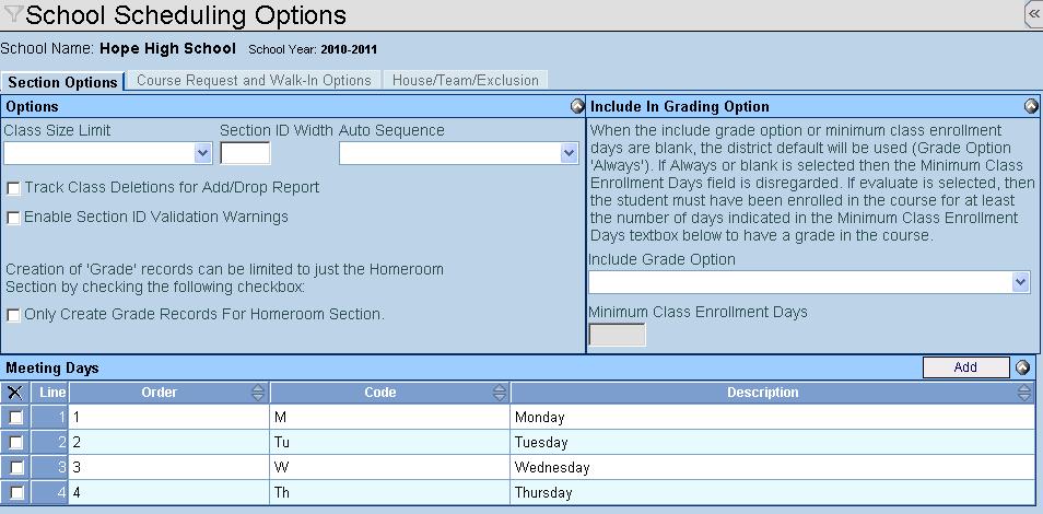 Go to Synergy SIS > System > Setup > School Scheduling Options. School Scheduling Options Screen 2.