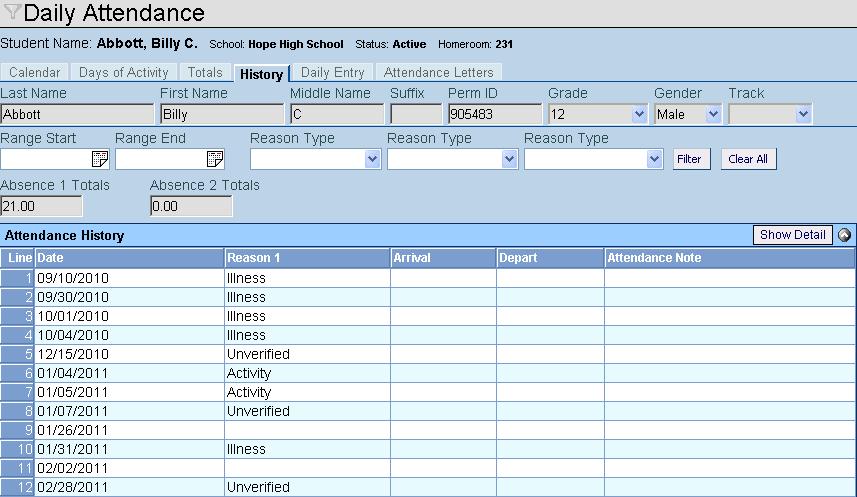 Daily Attendance Screen, Calendar Tab The History tab is controlled by this security node: K12.