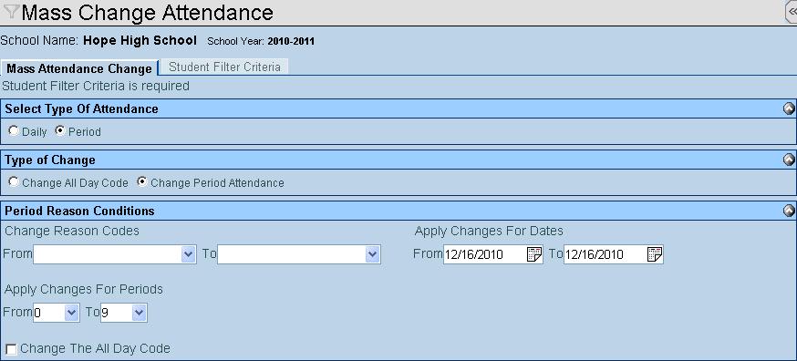Chapter Five MASS CHANGE ATTENDANCE SECURITY Synergy SIS > Attendance > Mass Change Attendance has two tabs that may be secured.