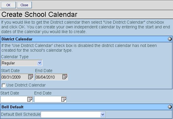 School Calendar Screen When the Create Calendar button is clicked, the Create School Calendar screen appears.