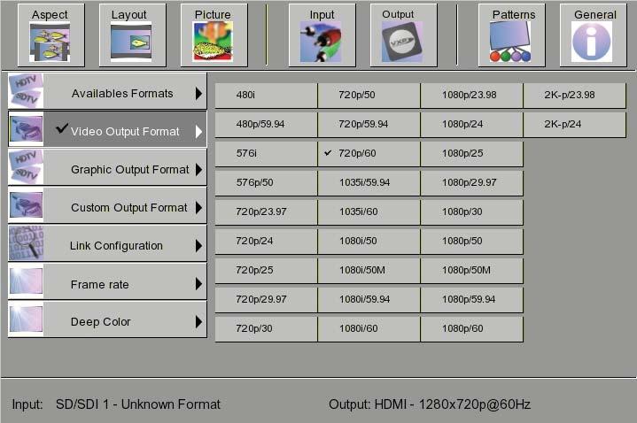 Video Output Formats This section of the menu contains all video formats that can be output by the scaler on the HDMI output.