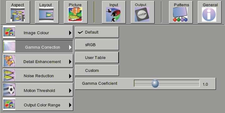 Gamma Correction Gamma correction and the gamma coeffi cient may be adjusted in this screen of the OSD menu system. Figure 24 - Gamma Correction Two predefined tables are available: Default and srgb.