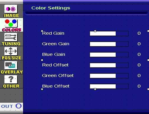7.2 COLORS. Color adjustment menu Using this menu, it is possible to regulate the color parameters of the image. In particular, it is possible to adjust the gain and offset of each single color.