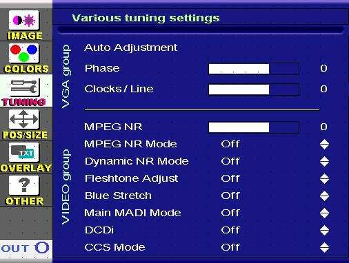 7.3 TUNING. Special functions tuning menu This menu can be used to adjust certain particular image parameters.