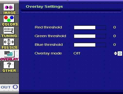 7.5 OVERLAY. Overlay Menu This menu can be used to set certain parameters for Overlay functioning in User Mode : the other 4 modes are predefined on the DVIPRO1000 and cannot be modified (see par 6.1.5).