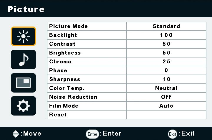 5. The On-Screen Display menu 19 Picture menu Name Picture Mode Backlight Contrast Brightness Chroma Phase Sharpness Color Temp. Noise Reduction Film Mode Reset Description Sets the display mode.