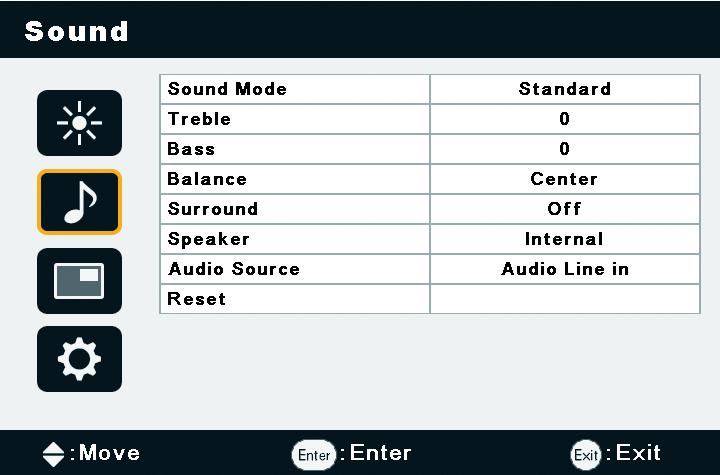20 5. The On-Screen Display menu Sound menu Name Sound Mode Treble Bass Balance Surround Speaker Description Adjusts the sound output from the speakers. Dynamic: Enhances treble and bass.