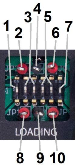Loading + Gain Adjustment Board 1. Input 1 MM/MC gain switch 2. Test probe contact for input 1, left channel 3. Input 1 variable/fixed load impedance switches 4.