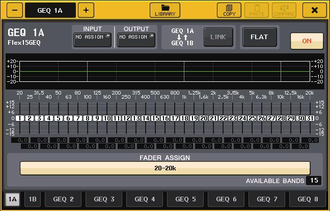 Graphic EQ, effects, and Premium Rack STEP 1. Press the rack container in which you mounted Flex15GEQ. 2. Press the GEQ ON/OFF button to turn the Flex15GEQ on. 3.