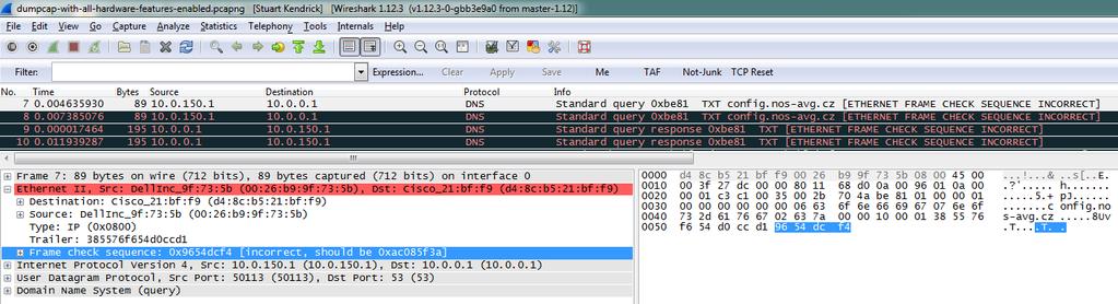 Furthermore, with those eight bytes accounted for, Wireshark's heuristics have a better chance of accurately dissecting the Ethernet CRC, which consists of the four (4) bytes which just prior to the