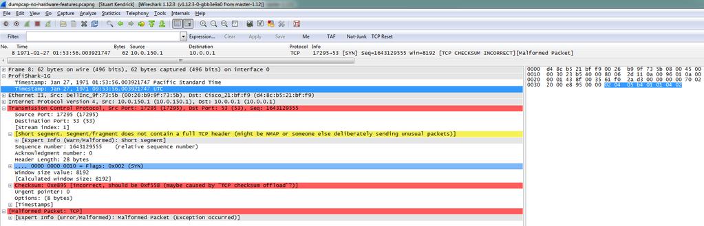 Disable Capture Formats and Enable ProfiShark-1G Dissector Conversely, if we capture without Hardware Timestamps but leave the ProfiShark-1G dissector enabled, then we also confuse Wireshark: we are