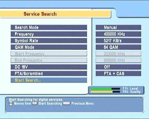 20 Service Search Chapter 4 Service Search After connecting up the digital receiver, you will need to perform a service search. 4.1 Searching broadcasting services To perform service search, select the Installation > Service Search menu.