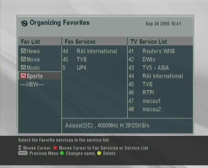 6.2 Editing the favourite list 47 CAS FTA from pay services to free services Provider by broadcaster Fav NoFav from favourite services to unfavourite services. Transponder by transponder 6.