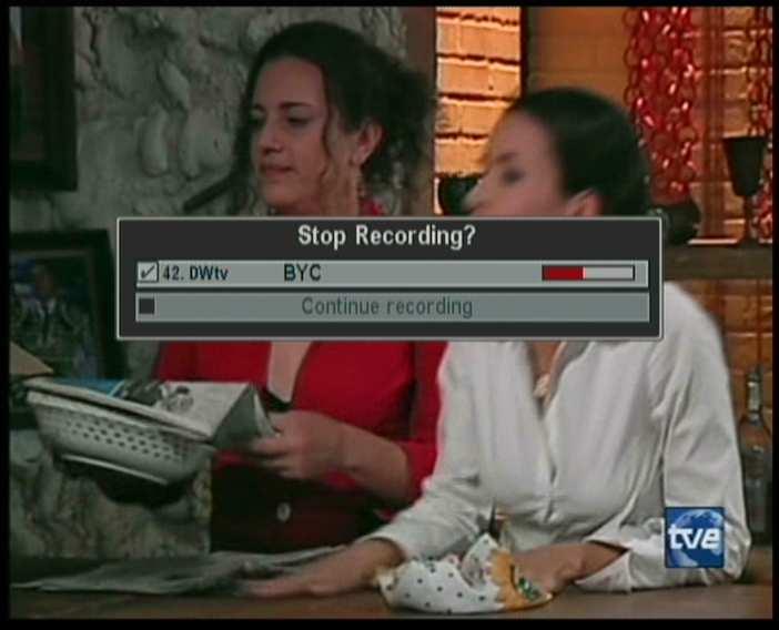 7.1 Recording a programme 53 To stop recording, press the EXIT button; then a box like the left figure appears, which shows programmes currently being recorded.