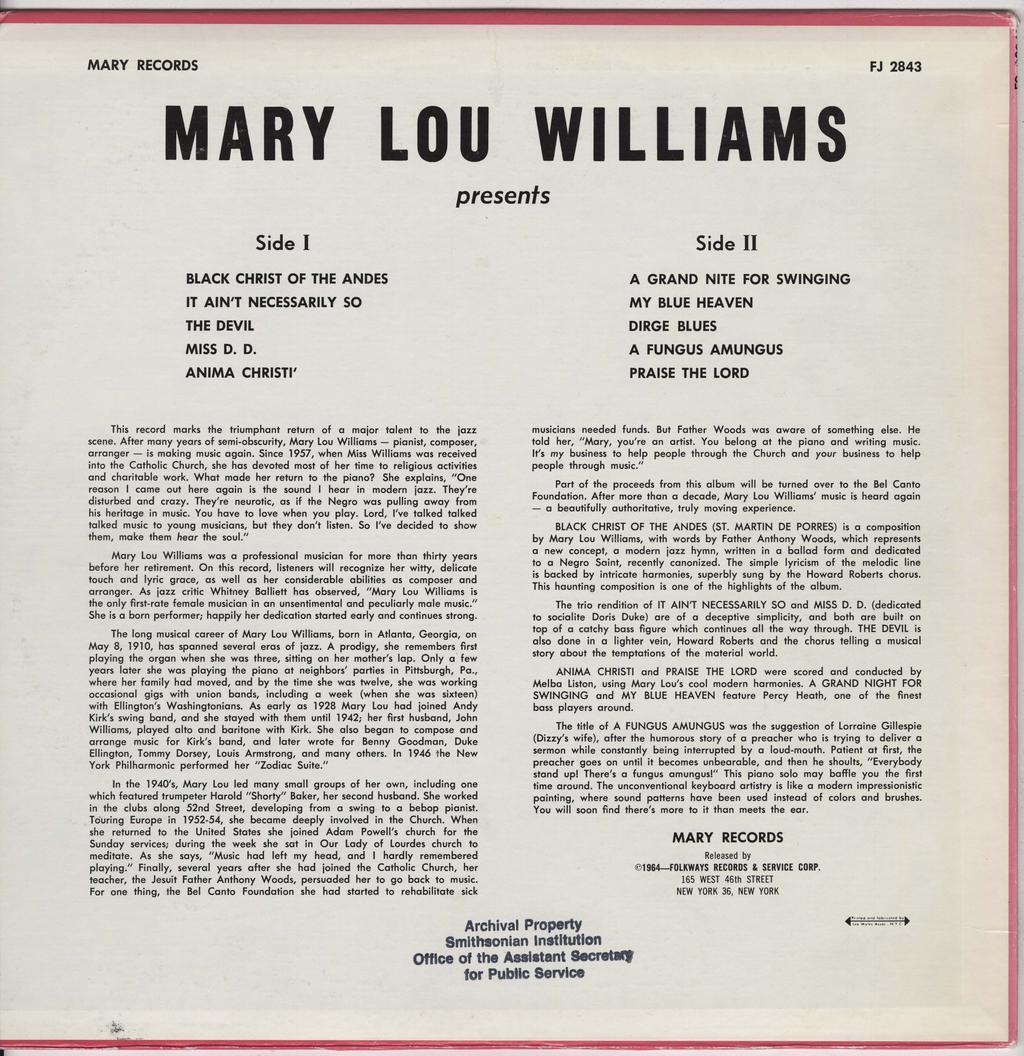MARY RECORDS FJ 2843 MARY LOU WILLIAMS presents Side I BLACK CHRIST OF THE ANDES IT AIN'T NECESSARILY SO THE DE