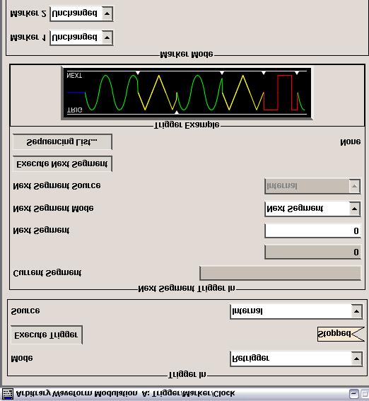 Multisegment Waveform Playback of a Multisegment Waveform Sine.wv Fig. 3: Trigger/Marker/Clock menu of the arbitrary waveform generator.
