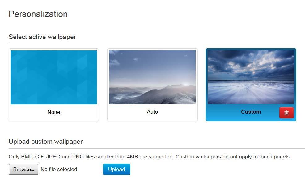 Choose wallpaper About a custom wallpaper Sign in to the web interface, and navigate to Setup > Personalization.