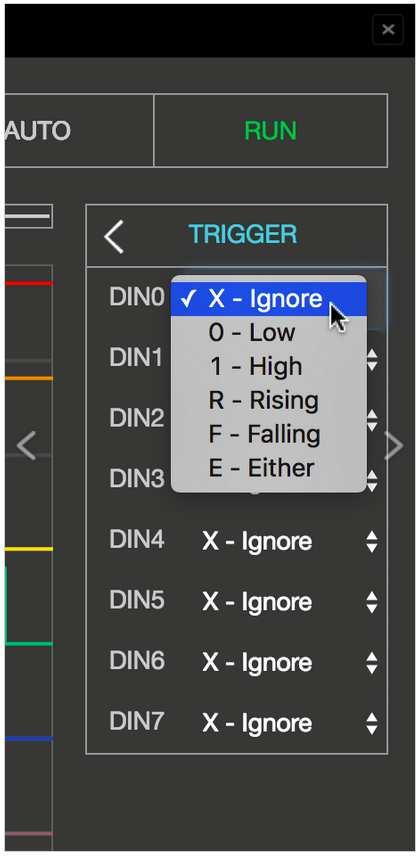 By clicking the gear behind TRIG settings, the trigger menu is opened. Each channel can be set as a trigger source with the desired condition.