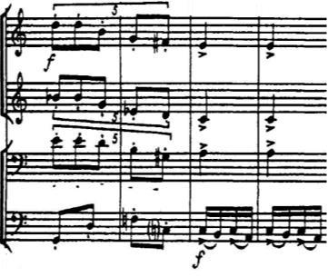 line (b). Ostinato 1 returns in measures 64-111. Figure 2-11: Measures 64-71 of Baile (piccolo, E clarinet, and tuba parts).