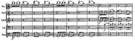 Figure 2-15: Measures 128-139 of Baile (piccolo, trumpets 1 and 2, trombone, and tuba